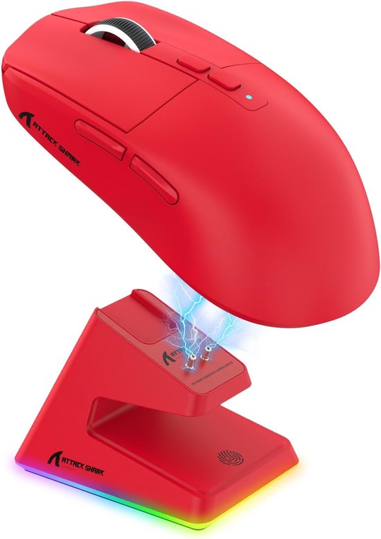 ATTACK SHARK - Draadloze Gaming Muis - RGB-Oplaadstation - Wired/2.4G/BT5.4 - Lichtgewicht 56G - PAW3395 - 26000DPI - Rood