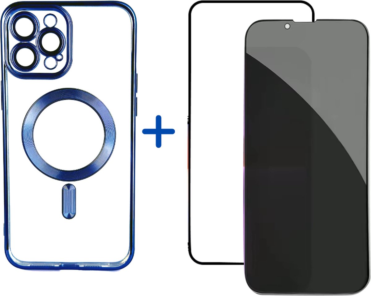 Optimity Hoesje voor iPhone 12 Pro Siliconen (Transparant) Magnetisch Blauw + Gehard Glas Schermbeschermer