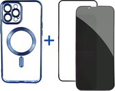 Optimity Hoesje voor iPhone 12 Pro Siliconen (Transparant) Magnetisch Blauw + Privacy Anti-Spy Gehard Glas Schermbeschermer