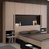 Vente-unique Bedkast met opbergruimte - Met ledverlichting - L265 cm - Kleur: naturel en zwart - VELONA L 265.2 cm x H 202.8 cm x D 39.8 cm