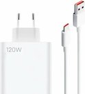 Chargeur blanc 120W avec un câble USB-A vers USB-C blanc, avec des accents oranges.