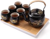 Japanse theeset, zwarte porseleinen theeset met 1 theepotset, 6 theekopjes, 1 theeblad, 1 roestvrijstalen zetgroep, mooie Aziatische theeset voor volwassenen (platteland in