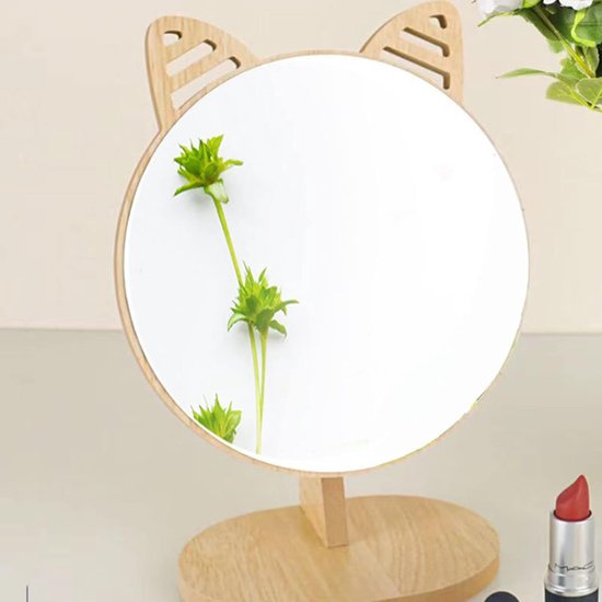 360 Graden Draaibaar Tafelblad Make-up Spiegel met Standaard, Houten Vanity Mirror Desktop Spiegel Houten Frame Cosmetische HD Spiegel voor Kantoor, Slaapkamer, Badkamer (Circulair)