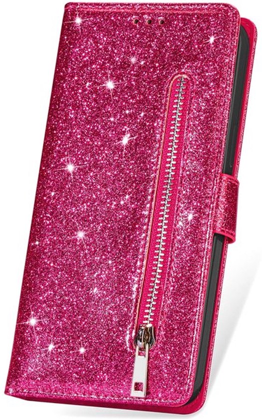 Étui Bookcase à Glitter Adapté pour : iPhone 15 Pro avec fermeture éclair - étui - étui portefeuille - Rose - ZT Accessoires