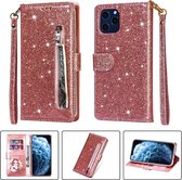 Bookcase Geschikt voor: iPhone 12 / 12 Pro Glitter met rits - hoesje - portemonneehoesje - Rosegoud