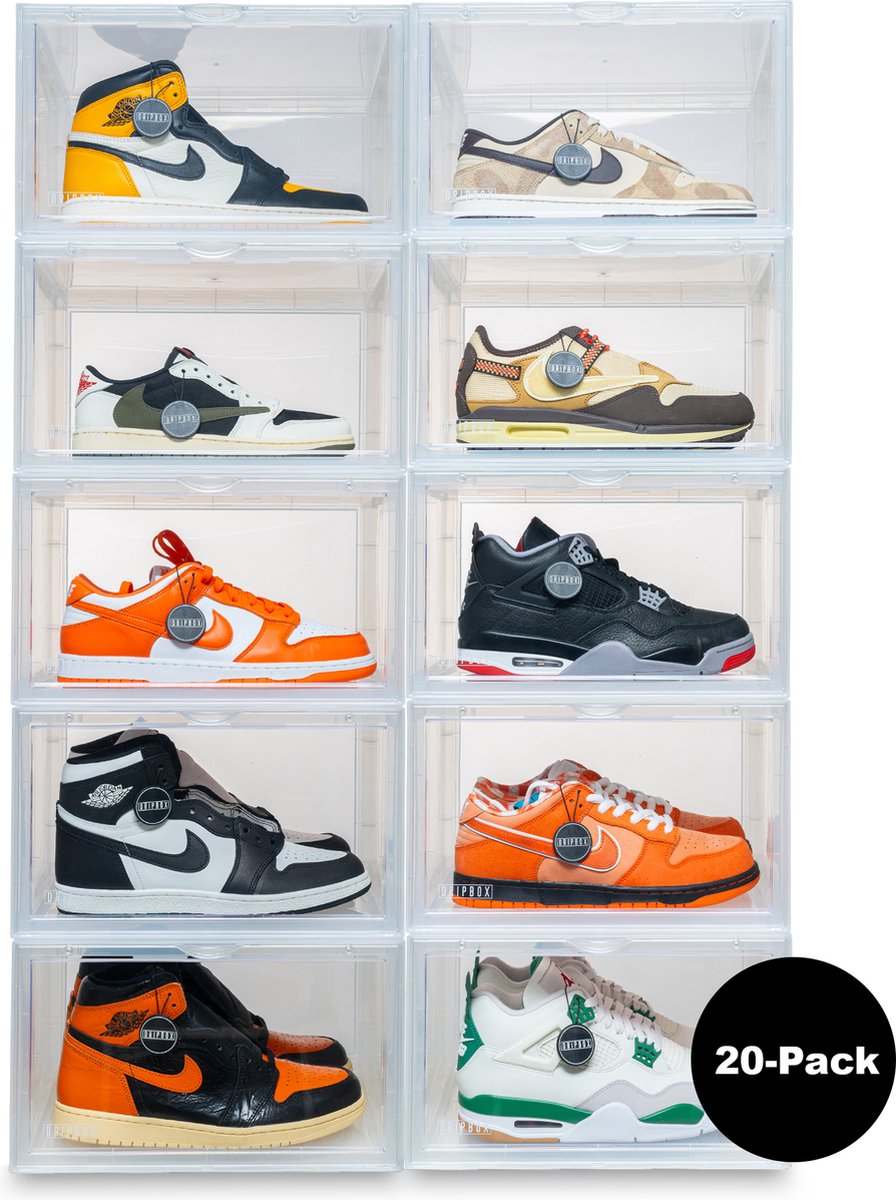 Dripbox - Sneakerbox 20-pack Transparant | Sneaker Crate Transparant | Sneaker Box | Schoenenopberger | Sneakerbox | Schoenenkast | Sneaker opbergsysteem | Sneakercrate | Met magnetische sluiting | Doorzichtig | Clear