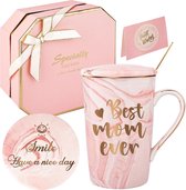 Moederdag cadeau - roze cadeauset - theemok met deksel 420 ml - gouden lepel - geschenkdoos