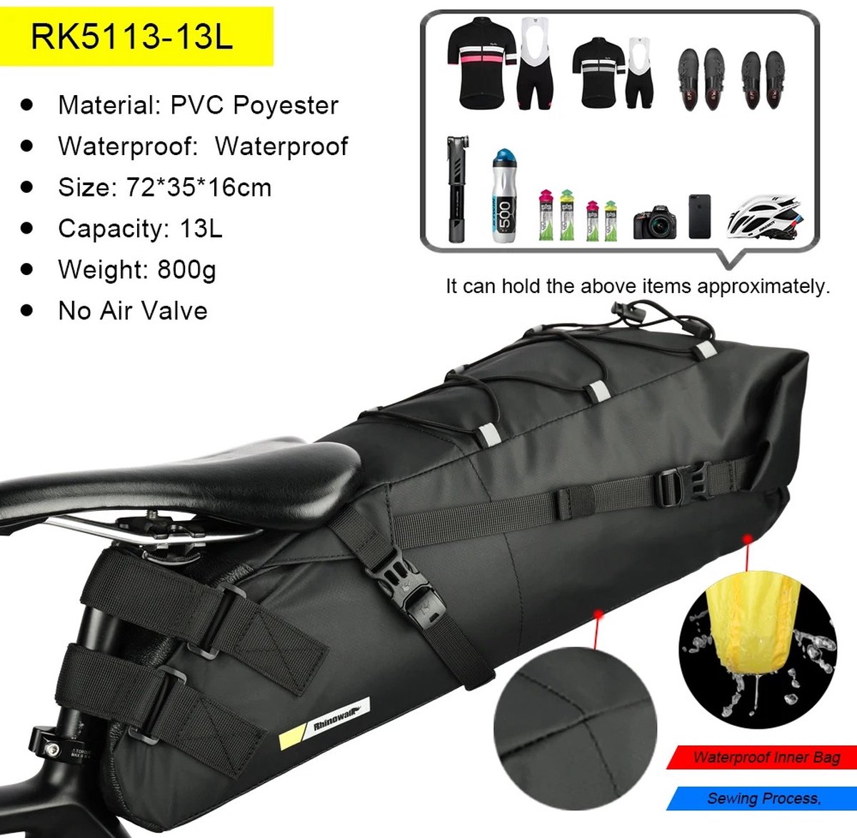 Rhinowalk Bike - Fietstas - Zadeltas - 100% Waterdichte Fietstas - Opvouwbaar - Afneembaar - 800G - 58cm X 20cm X 16cm - 13L inhoud - Zwart