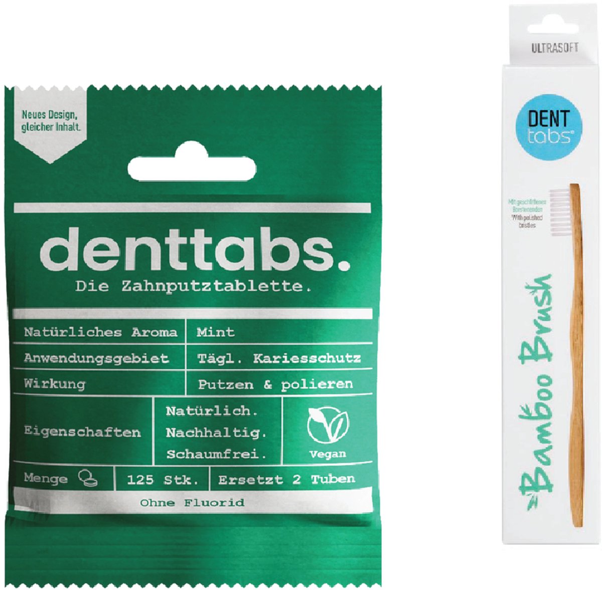 Denttabs Mint Tandpasta Tabletten - Met Fluoride - Milieuvriendelijke Gebitsverzorging - Composteerbare Tabs - Zacht Polijsten - Vegan Bamboo Borstel