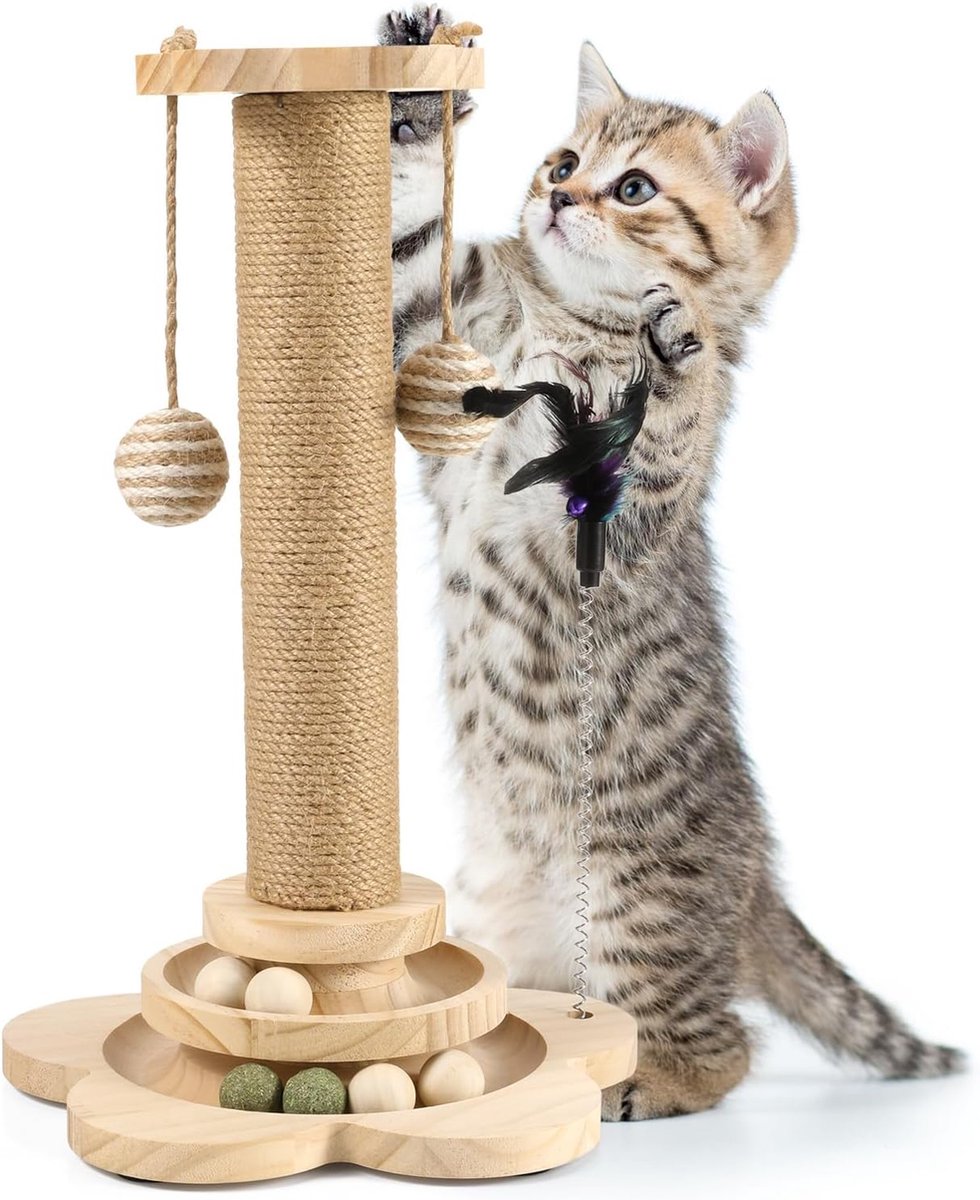 Krabpaal voor katten, 40 cm krabpaal kattenkrabpaal speelgoed met bal, laag draaiplateau, veren, sisaltouw voor krabpaal