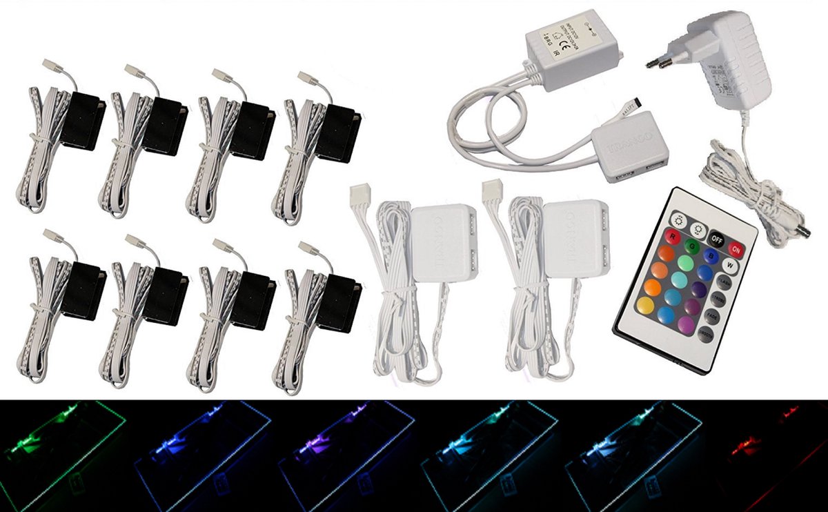 Trango Set van 8 RGB Kleur Veranderende LED Glazen Randverlichting 5022-08 incl. Afstandsbediening Kastverlichting I Glazen Vloerverlichting I Vitrine Verlichting I LED Clips I Meubelverlichting