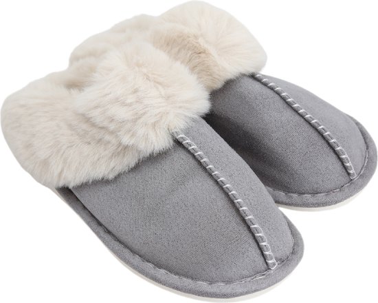 Grijze dames pantoffels met nepbont - Sloffen grijs met nepbonte voering - Dames slippers met nepbont - Antislip zool! - Nepbonte binnenkant voor maximaal comfort!