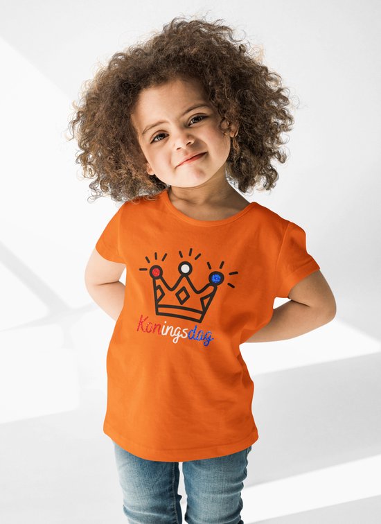T-shirt kinderen glitter kroontje | Koningsdag kleding kinderen | Oranje | Maat 116