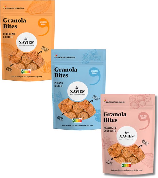 Drie zakjes Granola Bites: chocolade & koffie, pecannoot & gember, en hazelnoot & chocolade.
