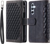 Telefoonhoesje geschikt voor Samsung Galaxy A55 - Portemonnee met rits - book-case hoesje - ruimte voor 7 pasjes - zwart ruit