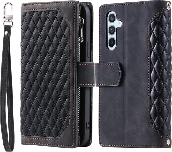 Telefoonhoesje geschikt voor Samsung Galaxy A55 - Portemonnee met rits - book-case hoesje - ruimte voor 7 pasjes - zwart ruit