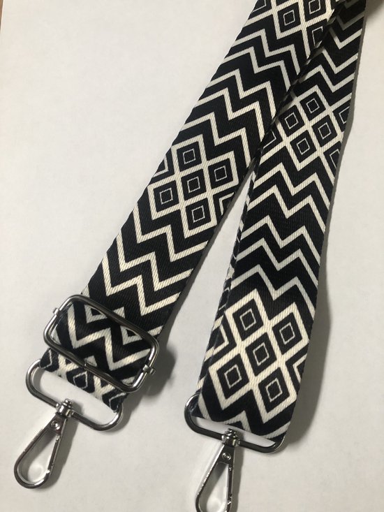 Bag Strap - Bagstrap - Tassenriem - Schouderband - Verstelbaar - Zwart Wit Geometrisch Motief - Zilveren Gesp