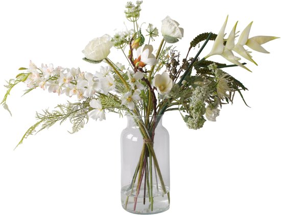 WinQ - Tied Field Bouquet fleurs artificielles - Y compris vase en verre - Diverse fleurs entièrement liées avec des feuilles - belles couleurs Wit - Fleurs artificielles - fleurs en soie