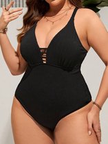 Sexy Badpak- Grote Maat Effen Kleur V-hals Hoog Uitgesneden Ribgebreide stof Zwempak- Badmode Zwemkleding Bikini Tank Strandkleding 997- Zwart- Maat 4XL