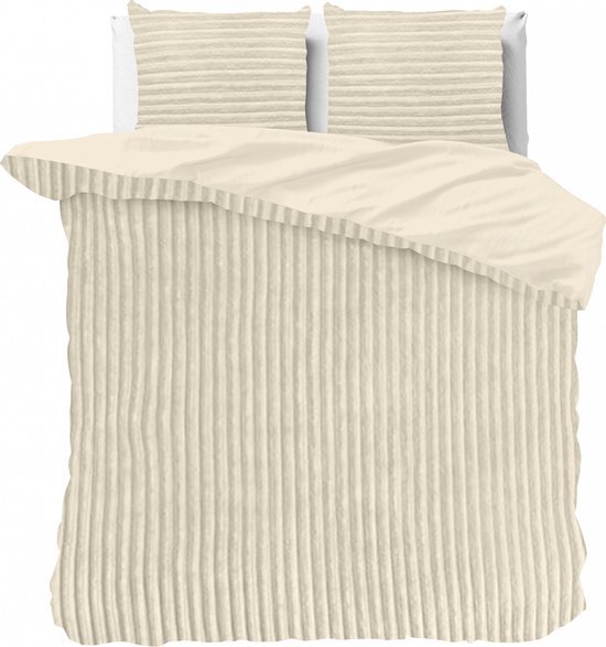 Knuffelzachte teddystof dekbedovertrek Stripes creme - 200x200/220 (tweepersoons) - heerlijk slapen - cosy look - luxe kwaliteit - met handige drukknopen
