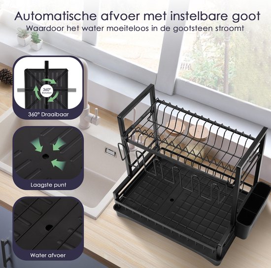 Behave Afdruiprek met Lekbak - Inclusief Afvoer - Afwasrek - Met Bestekhouder - 2 Laags - Ruimtebesparend - Metaal - Zwart - Afwasborstel