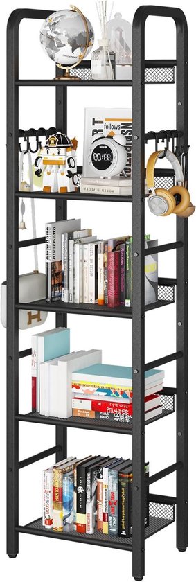 Staande kast, boekenkast, opbergrek met 5 niveaus, 8 stuks S-haken, metalen frame, vrijstaand, minimalistische stijl, organizer voor woonkamer, thuiskantoor, slaapkamer, zwart