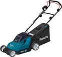 Turquoise en zwarte Makita grasmaaier met 36V batterij indicator, 380mm snijbreedte.