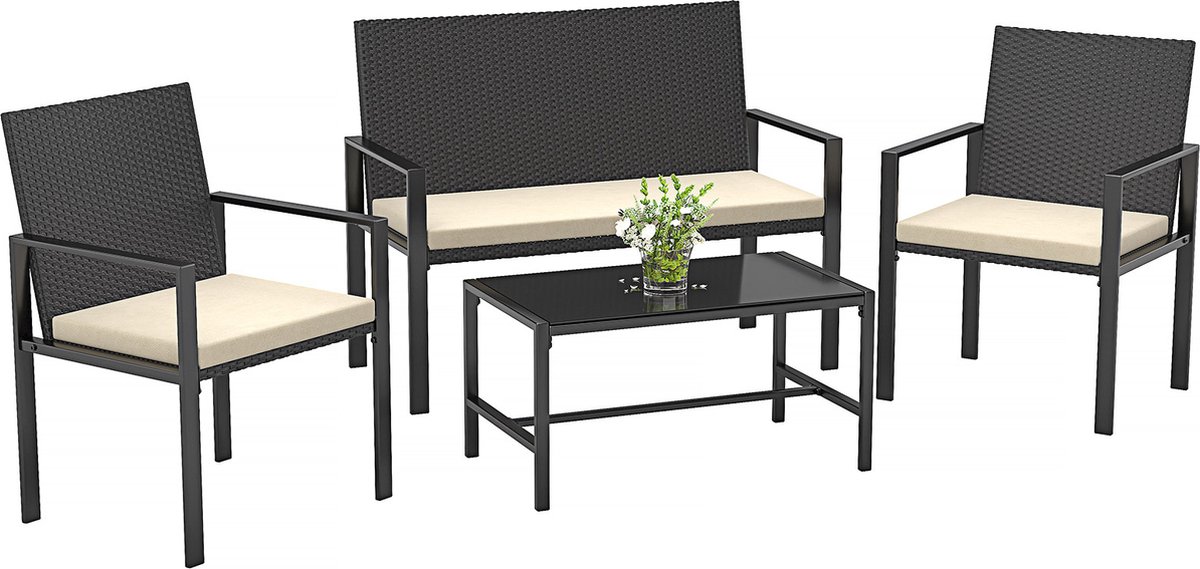 Loungesets - Tuinmeubilair - geweven rotan kunsthars - 4 zits - met kussen en glazen salontafel - Zwart Loungesets - Tuinmeubilair - geweven rotan kunsthars - 4 zits - met kussen en glazen salontafel - Zwart - Afbeelding 1