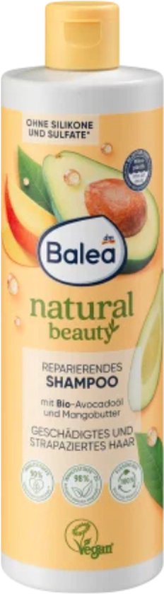 Balea Natural Beauty shampoo in pastelgele fles met avocado en mango op het etiket. Zonder siliconen en sulfaten.