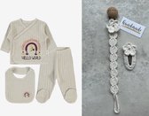Hello world - Baby newborn 3-delige kleding set meisjes - Fopspeenkoord en haarclip cadeau - Newborn kleding set - Newborn set - Babykleding - Babyshower cadeau - Kraamcadeau