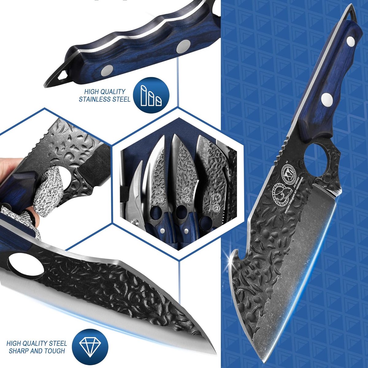 Authentiek Sinds 1986 10 Stukken Keukenmes Set Met Blauwe Roll Bag Schaar Honing Staal wetsteen Grote Slager Mes Set Gesmede Mes Set Volledige Tang Handvat Hoog Koolstofstaal