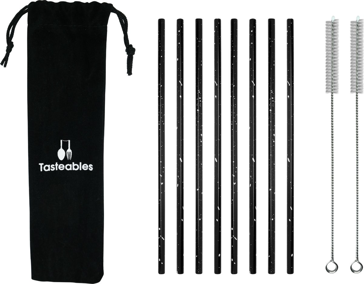 RVS Rietjes Recht - Cocktail Rietjes - Tasteables - Set van 8 - Duurzaam - Herbruikbaar - Reinigingsborstel - 200mm lengte - Zwart met wit