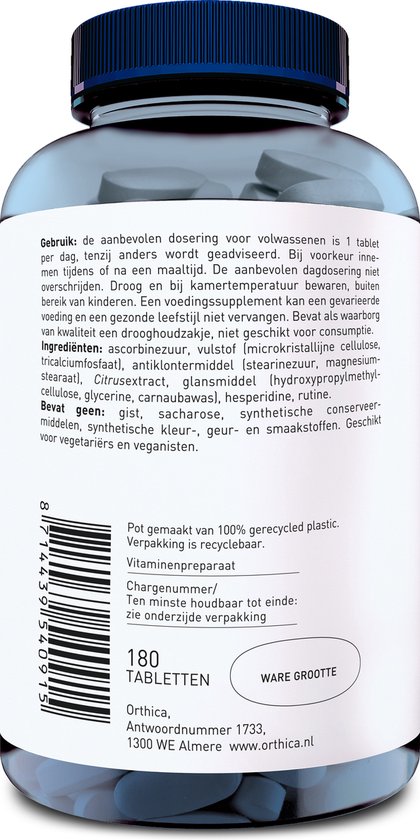 Achterkant van een Orthica C-1000 pot met gebruiksaanwijzing en ingrediënten.