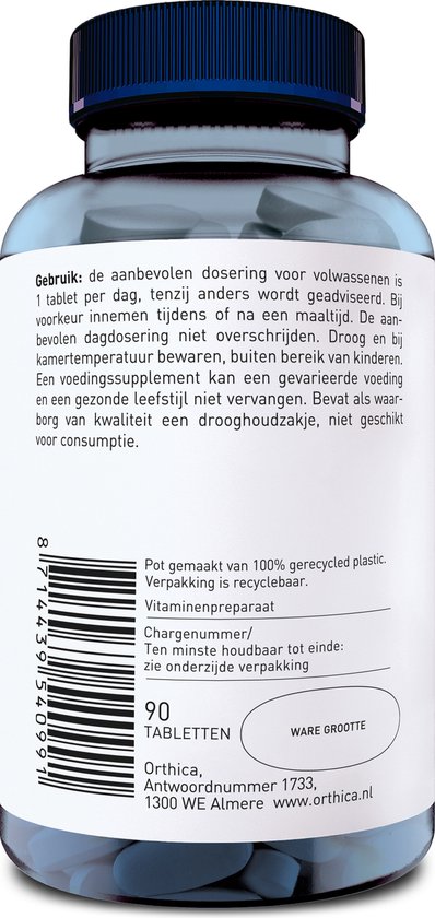 Achterkant van een Orthica C-1000 pot, 90 tabletten, met gebruiksaanwijzing en recyclebare verpakking.
