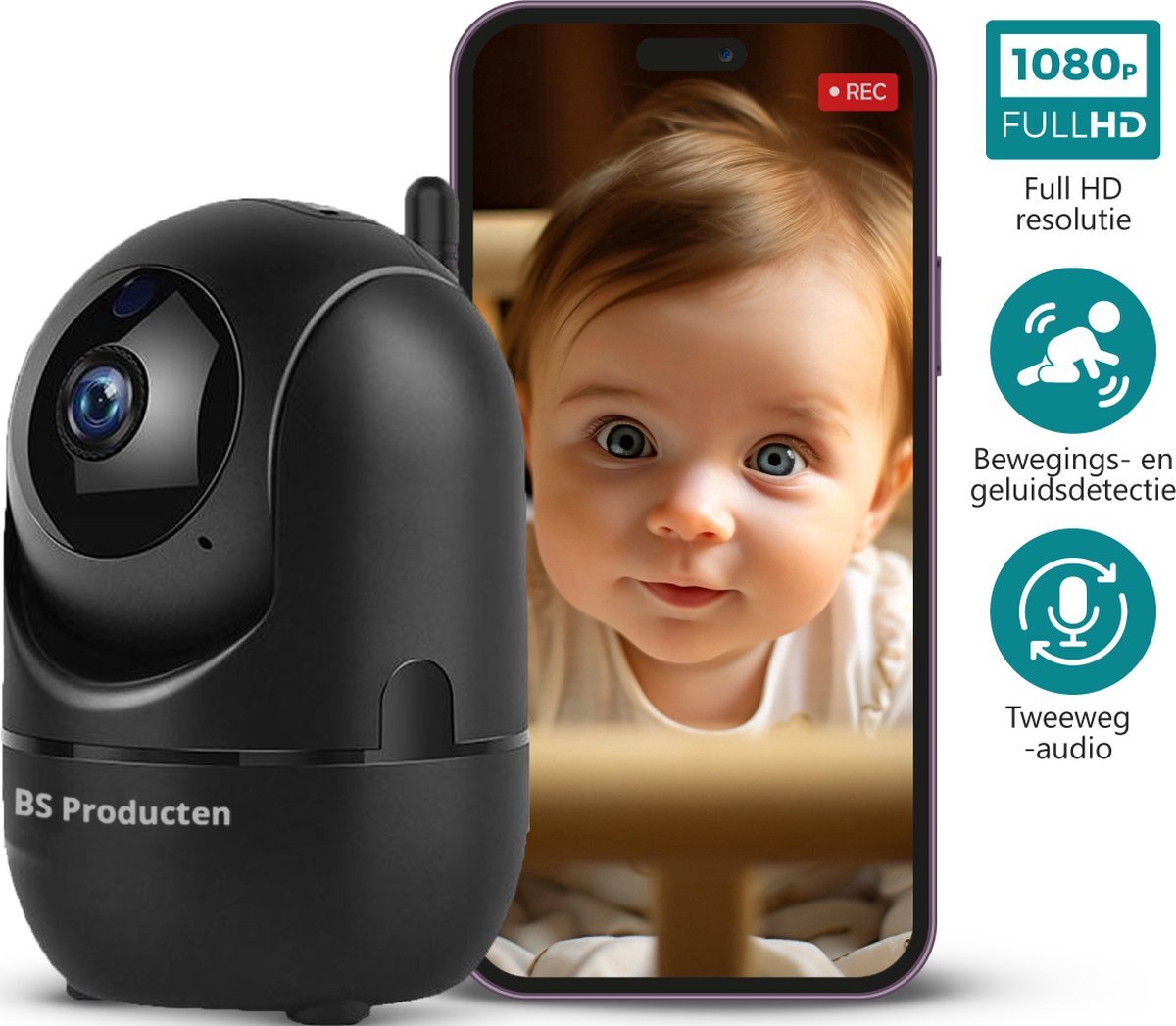 BS producten Babyfoon met Camera en App - WiFi - FULL HD - Baby Monitor - Baby Camera - Babyfoons met Beweeg en Geluidsdetectie - Indoor - Night Vision for Baby/Nanny - Bestverkocht - Zwart