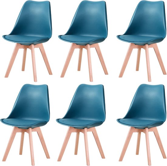 Wildor® Stoelen set van 6 - Eetkamerstoelen - Gewatteerde zitting - Beukenhout stoelpoten - Donker groen - Zithoogte 44cm