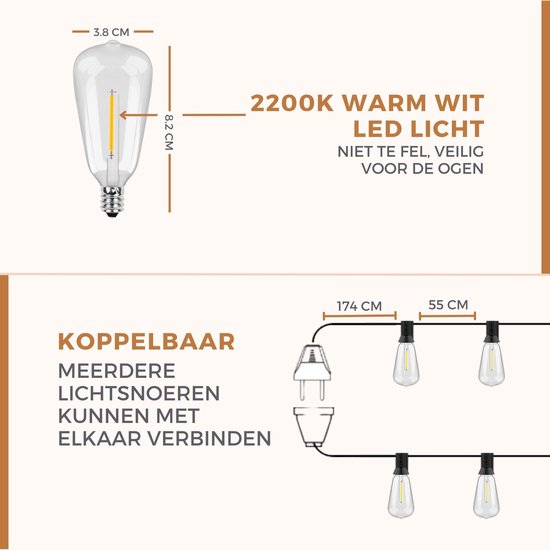 Afmetingen van een grote ST18 LED-lamp. Afbeelding van koppelbare lichtsnoeren met de stekker en de afstand tussen de lampen.