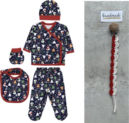 5-delige baby newborn kledingset sneeuwman - Fopspeenkoord cadeau - Newborn set - Babykleding - Babyshower cadeau - Kraamcadeau