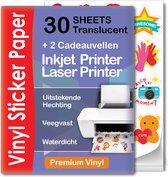 30 Translucent Vinyl Stickervellen A4 Printer Paper - Stickerpapier Voor Printer - Incl. 2 Geschenkvellen - Inkjet & Laser Printer - Waterbestendig - Scheurbestendig - Sneldrogend - Sticker Printer Papier - Sticker Papier - Stickerpapier A4