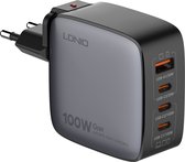 LDNIO Chargeur rapide GaN 100 W de haute qualité avec câble de charge rapide – Prise 4 en 1 – 3 x USB-C 1 x USB-A – Prise de voyage – Option de prise EU US VK