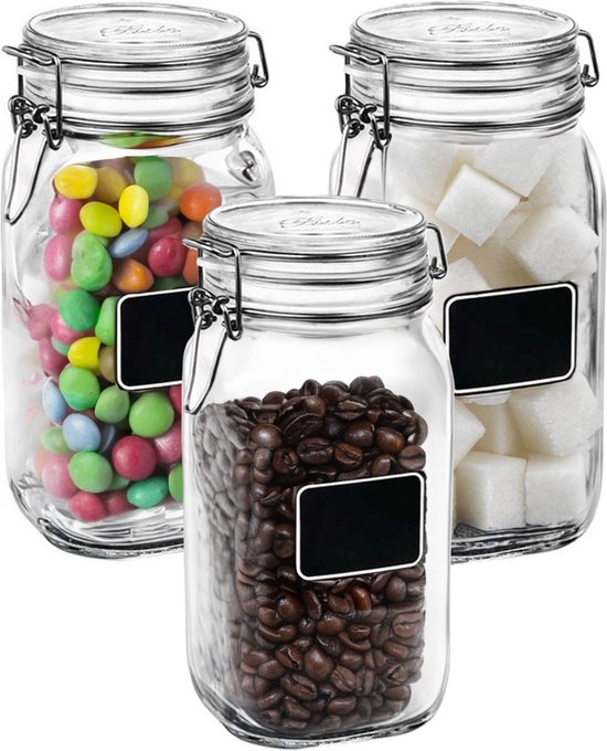 6x Weckpotten/inmaakpotten met krijtplaatje en beugelsluiting 1,5 L - Inmaakpotten - Weckpotten - D 10,6 cm