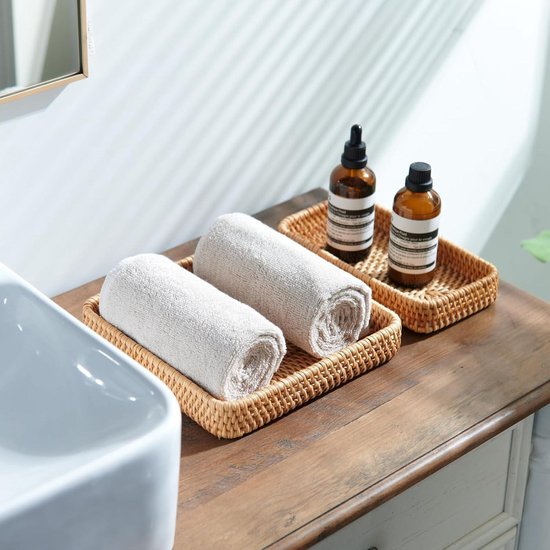 Dienblad Set Van 3 Handgeweven Rieten Dienblad Rotan Dienblad Rustiek Decoratief Dienblad Voor Ontbijt Dranken Snacks Salontafel Bar Diners Natuurlijke Interieuraccessoires