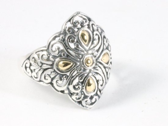 Traditionele opengewerkte zilveren ring met 18k gouden decoraties - maat 17.5