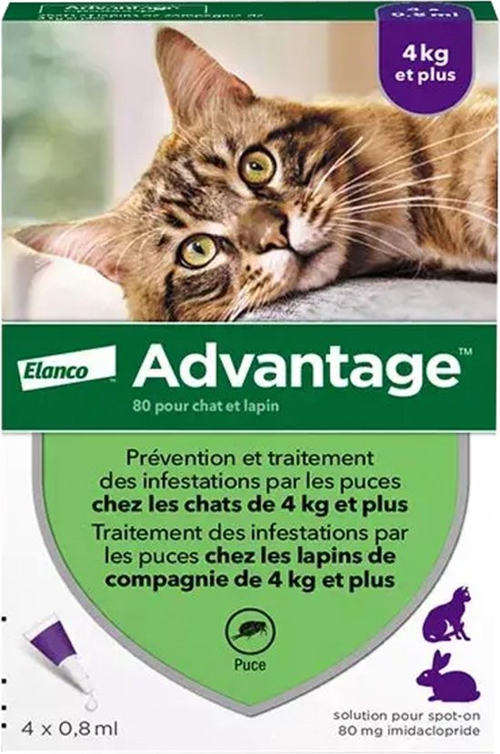 Verpakking Advantage voor katten en konijnen van 4 kg en meer, met afbeelding van kat.