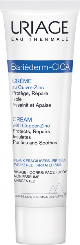 Witte tube Uriage Bariéderm Cica crème met blauwe en witte tekst. Beschermt, herstelt, isoleert, zuivert en kalmeert.