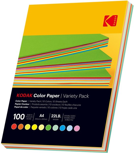 Kodak Gekleurd Papier - 10 verschillende kleuren - 80g/m² - A4 - 100 vellen