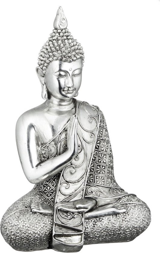 Cepewa Boeddha beeldje - poyresin - glimmend zilver - 17 cm - voor binnen/buiten