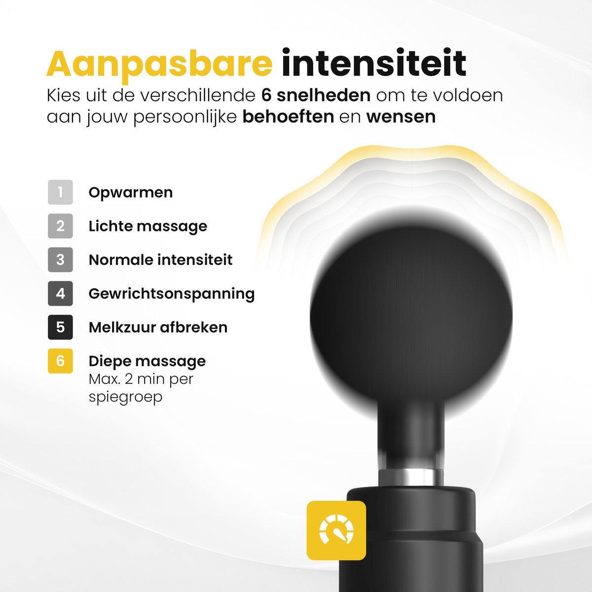 Afbeelding 3 van Revolt - Mini Massage Gun - Inclusief 4 Opzetstukken - Inclusief Adapter - 6 Snelheidsstanden - Spierherstel & Spierontspanning - Massage Pistool - Massage Apparaat Professioneel