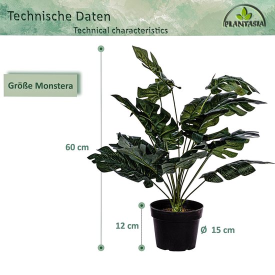 PLANTASIA Kunstplant Monstera Deliciosa - Gatenplant - ca. 18 Bladeren - 60 cm
