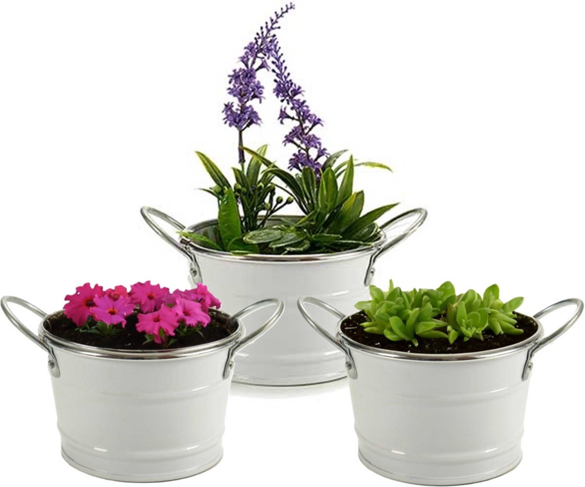Arte r Plantenpot/bloempot teil- 3x - zink - wit - D12 x H17 cm